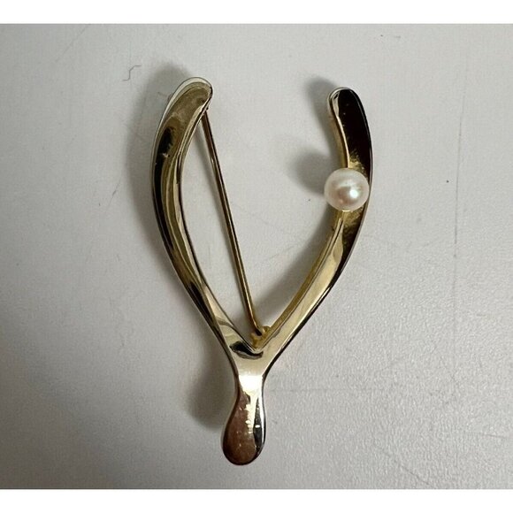 Vintage Brooch 12K GF Wishbone Pearl Gold Filled - Picture 5 of 11